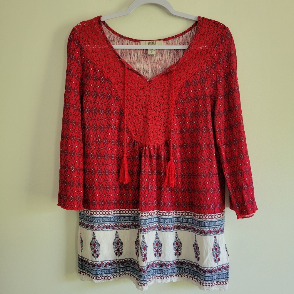 Vintage America Blues Bohemian 3/4 Sleeve Blouse Top M